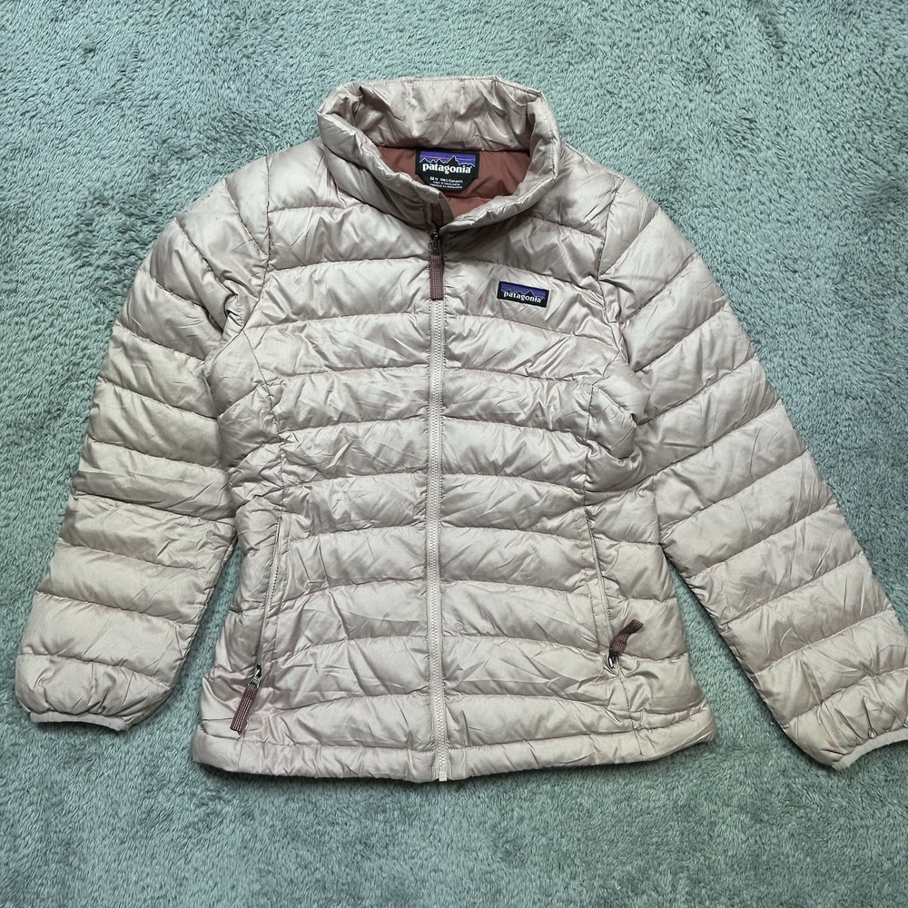 Patagonia Down Sweater Girls M (10) Pink Full Zip Puffer Jacket Outdoor *SPOTS
